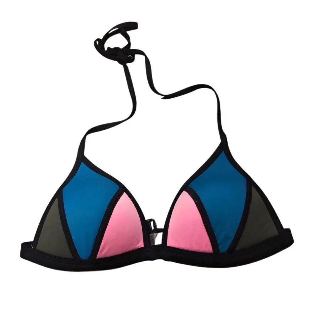 Victoria’s Secret PINK Blue Pink Colorblock Padded Triangle Bikini Top Large